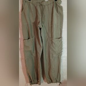 Nicole Miller Linen Blend Drawstring Khaki Cargo Pants
